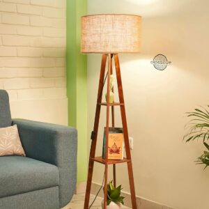 Crosscut Furniture Wooden Floor Lamp with Shelf (Natural Jute). for Diwali Decoration and Gifting