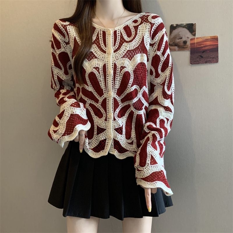 Loose-fitting Long-sleeve Hollow-out Knitted Cardigan Top - Image 4