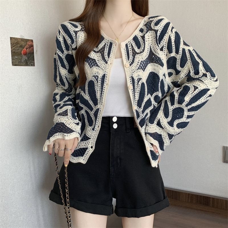 Loose-fitting Long-sleeve Hollow-out Knitted Cardigan Top - Image 2