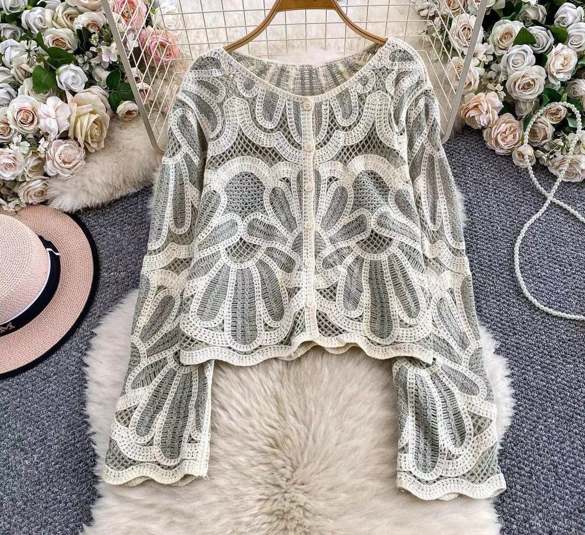 Loose-fitting Long-sleeve Hollow-out Knitted Cardigan Top - Image 5