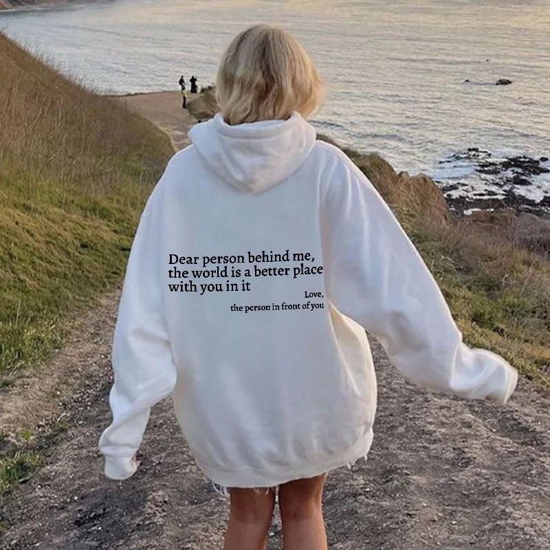 Dear Person Behind Me,the World Is A Better Place,with You In It,love,the Person In Front Of You,Women's Plush Letter Printed Kangaroo Pocket Drawstring Printed Hoodie Unisex Trendy Hoodies - Image 3