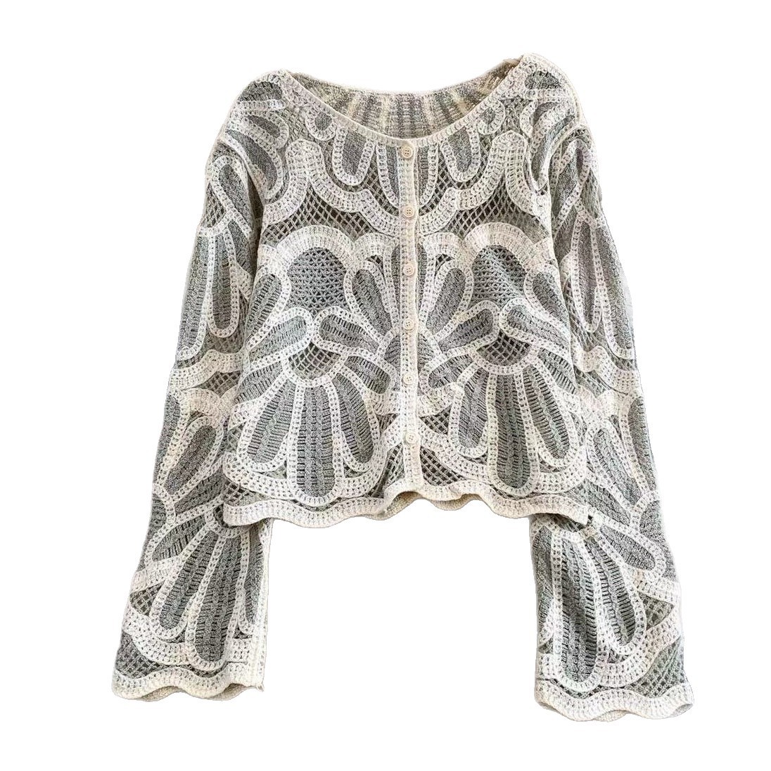 Loose-fitting Long-sleeve Hollow-out Knitted Cardigan Top - Image 9