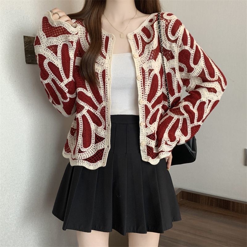 Loose-fitting Long-sleeve Hollow-out Knitted Cardigan Top