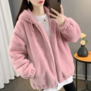 Womens Solid-Color Plush Winter Coat With Hood
