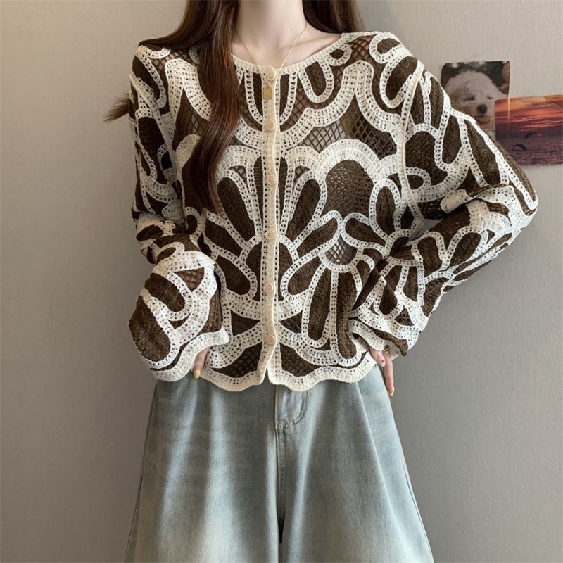 Loose-fitting Long-sleeve Hollow-out Knitted Cardigan Top - Image 8